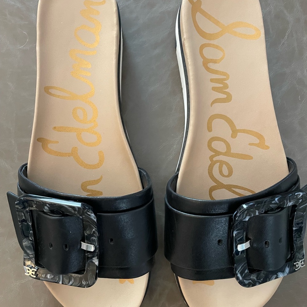 Sam Edelman Black Slide Sandals with Crystal Buckles